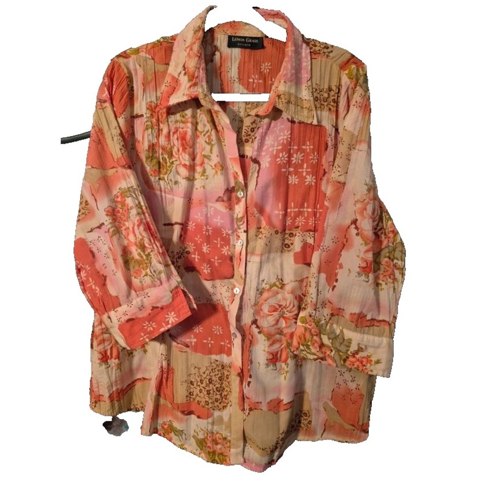 Lemon Grass Green Button Up Blouse Floral 3/4 Sleeve Shirt Women's Size 1X